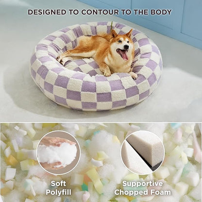 Lesure Donut Large Dog Bed - Round Cat Beds for Indoor Cats Anti-Anxiety Calming Pet Beds, Washable Cute Modern Beds with Teddy Sherpa Plush & Anti Slip Bottom Purple