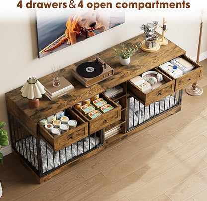 IDEALHOUSE 82 Large Dog Crate for 2 Dogs, Dog Kennel Indoor with 4 Drawers and Shelves, Double Dog Crate Furniture TV Stand, Wooden Dog Cage for Medium Large Dogs, Brown