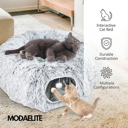 Cat Donut Bed with Washable Cushion – Cat Caves for Indoor Cats – Collapsible Donut Bed with Peekaboo Pet Tunnel Toy – Cozy Hideout for Kittens, Ferrets, Rabbits & Dogs - Grey