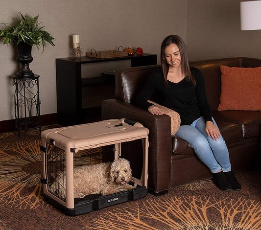 Pet Gear _he Other Door 4 Door Steel Crate for Dogs/Cats with Garage-Style Door, Includes Plush Bed + Travel Bag, No Tools Required, Beige