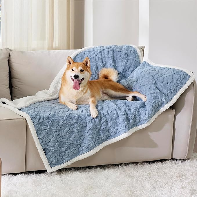 Bedsure Waterproof Dog Blankets for Large Dogs - Pet Blanket for Couch Protector Washable, Premium Jacquard Coral Fleece Cat Throw Blanket, Soft Reversible Furniture Protection, 40"x50", Light Blue