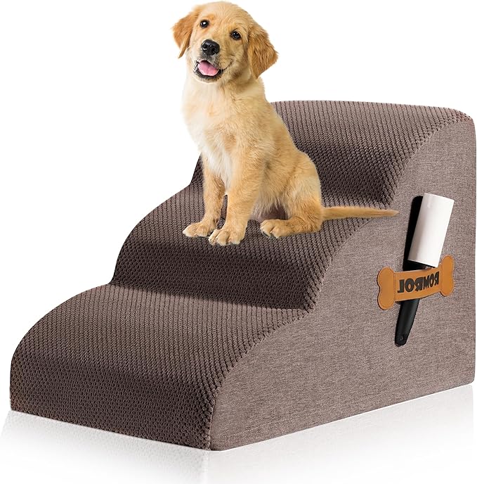Romrol Dog Stairs Ramp for Beds Couches, Extra Wide Pet Steps with Durable Non-Slip Waterproof Fabric Cover, Pets Slope Stairs, 3-Tiers,Coffee