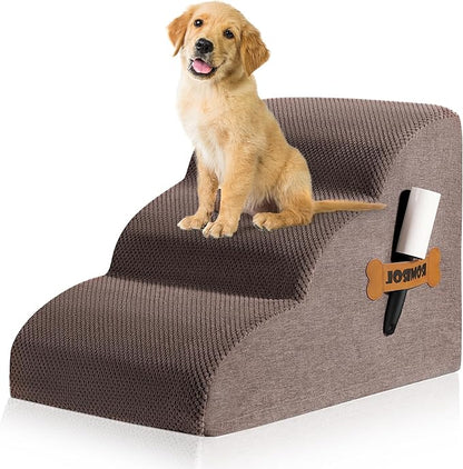 Romrol Dog Stairs Ramp for Beds Couches, Extra Wide Pet Steps with Durable Non-Slip Waterproof Fabric Cover, Pets Slope Stairs, 3-Tiers,Coffee