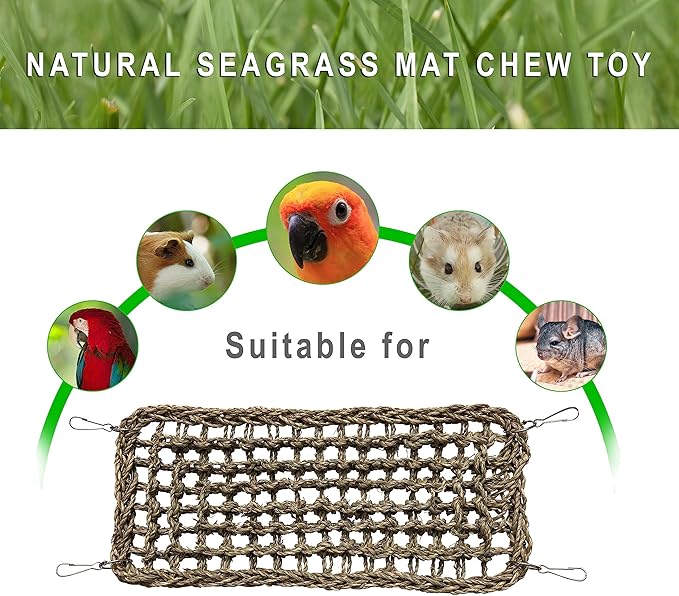 SIMENA Seagrass Mat for Birds, Natural Grass Woven Bird Net Hammock, Climbing Rope Ladder, Chew Toys for Parrots Lovebirds Cockatiels Conures Budgies, Cockatoos (Small)