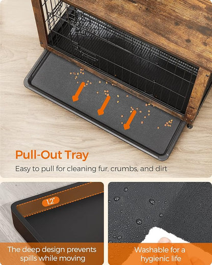 Feandrea Dog Crate Furniture, 44.1" Side End Table, Modern Kennel for Dogs Indoor up to 80 lb, Heavy-Duty Dog Cage with Multi-Purpose Removable Tray, Double-Door Dog House, Rustic Brown UPFC004X01