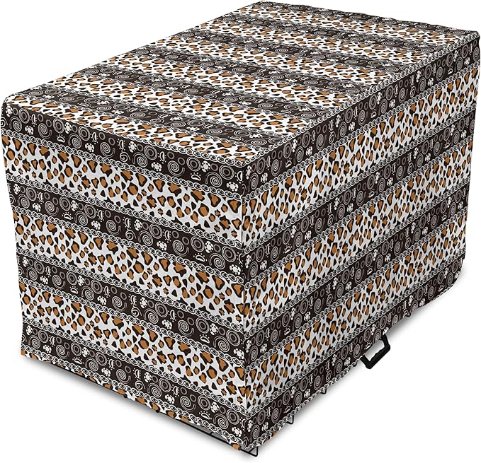 Ambesonne African Dog Crate Cover, Traditional Borders Cheetah Skin with Abstract Spirals and Circles, Easy to Use Pet Kennel Cover for Cats & Medium Dogs, 24 Inch, Pale Coffee Brown White