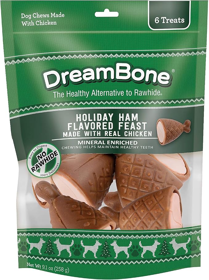 DreamBone Holiday Ham Flavored Chews 6 Count, Made with Real Chicken, Rawhide-Free Chews for Dogs