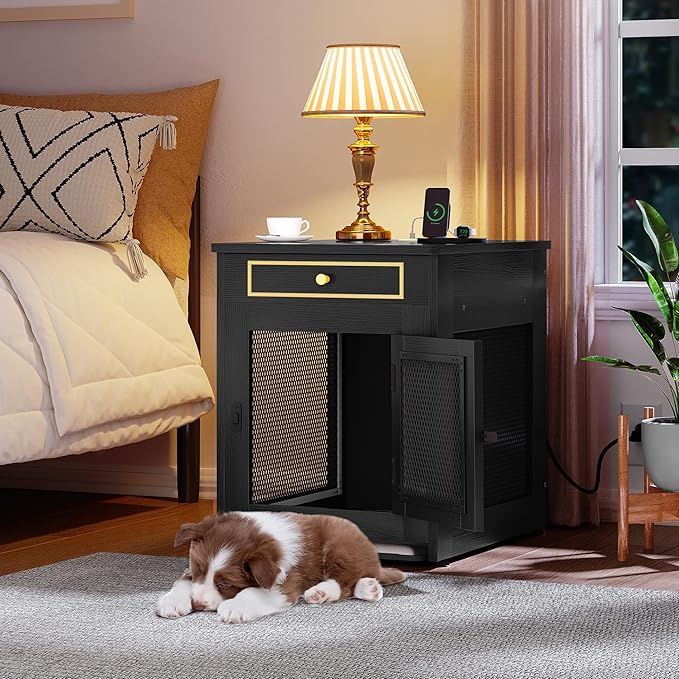 YITAHOME Dog Crate Furniture with Dual USB Charger, Wooden Dog Kennel End Table with Cushion Tray, Drawer for Small Dogs Under 25 lbs Indoor Use, Black