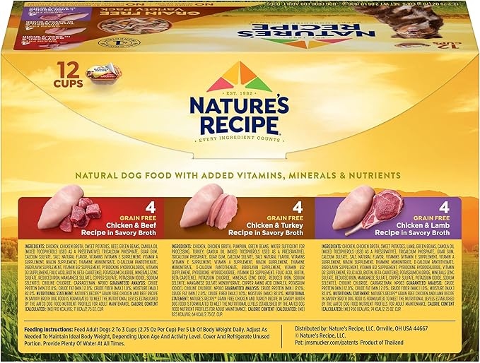Nature_ Recipe Grain Free Chicken & Beef Recipe, Chicken & Turkey Recipe and Chicken & Lamb Recipe in Savory Broth Variety Pack Wet Dog Food, 12-2.75 oz. Cups, 2 Count