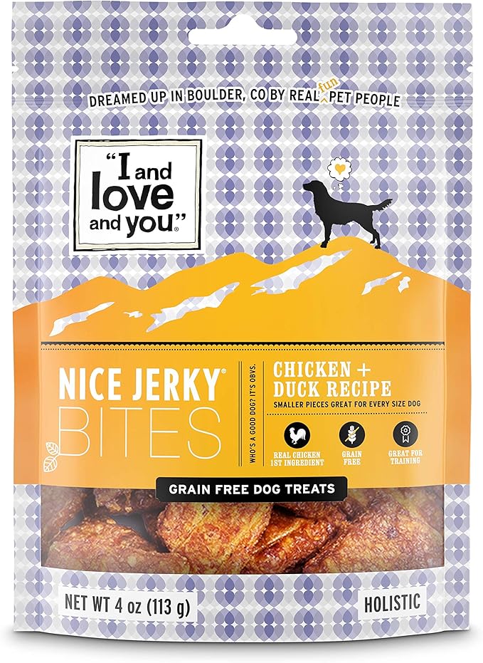 I and love and you Nice Jerky Bites - Chicken + Duck - Grain Free, Real Beef, Training Treat, Chewy Dog Treats, Filler Free, 4oz