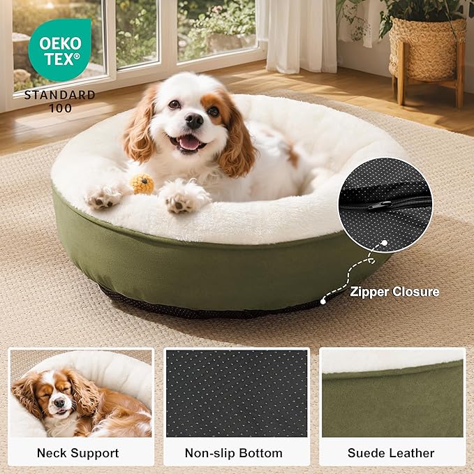 Love's cabin Round Donut Cat and Dog Cushion Bed, 25in Pet Bed for Small or Medium Dogs, Anti-Slip & Water-Resistant Bottom, Soft Durable Fabric Pet Beds, Washable Calming Cat & Dog Bed Olive Green