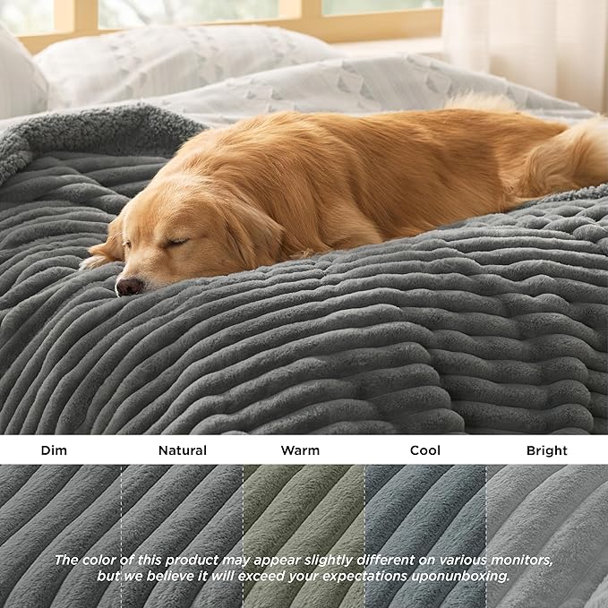 Bedsure Waterproof Dog Blankets for Large Dogs - Soft Pet Cat Blanket Corduroy Fleece for Bed Protector Washable, Cozy Calming Reversible Furniture Protection for Puppy,60"x80", Warm Grey