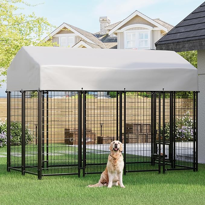Greesum Large Outdoor Dog Kennel, Heavy Duty Welded Wire Steel Dog Playpen Fence with Secure Lock/UV-Resistant Waterproof Roof Cover/Rotaing Feeder Bowls, for Small/Medium/Large Dogs, XL