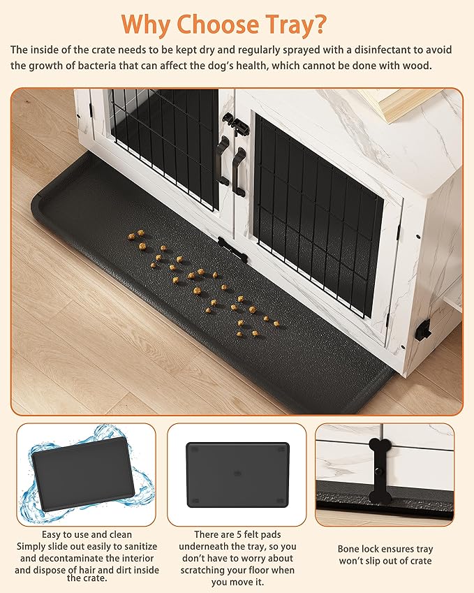 Piskyet Wooden Dog Crate Furniture with 360°Rotatable Removable Dog Bowls, Dog Crate End Table with Tray, Double Doors Dog Kennels for Dogs(M:31.8" L*22.1" W*24.1" H,Marble White)