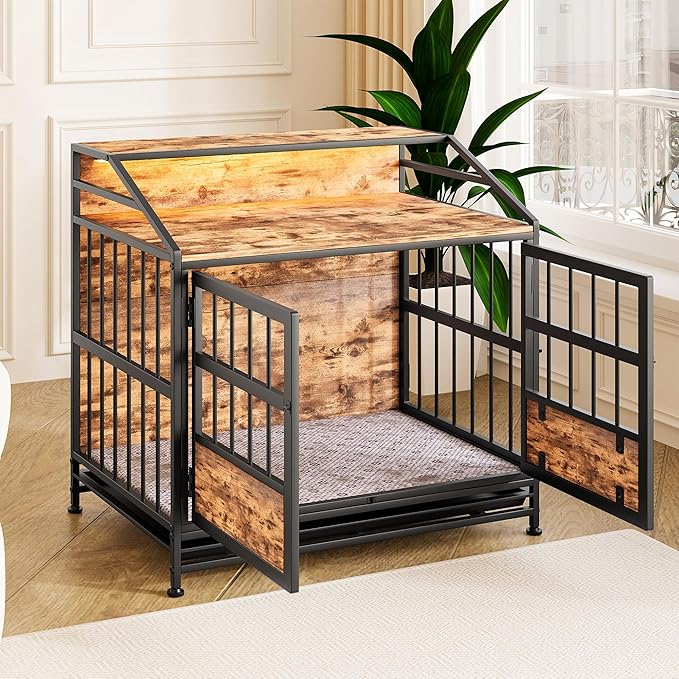 Ball & Cast 24" Multi-Function Dog Crate Furniture with Storage,3-Door Access Wooden Kennel for 26-40 lbs Dogs,Double Doors with Pull-Out Tray,Waterproof Indoor Pet House,Easy Assembly,Black Brown