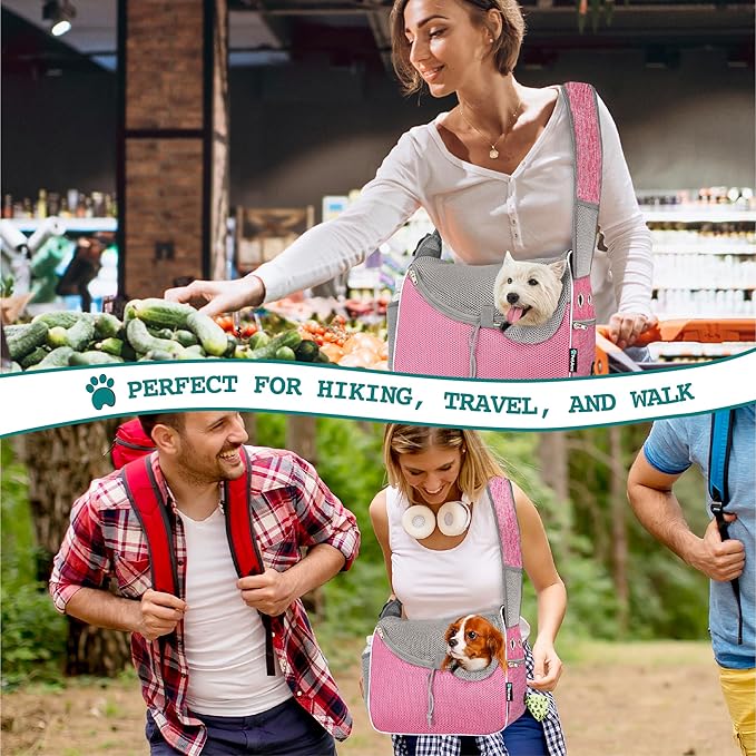 PetAmi Small Dog Sling Carrier, Soft-Sided Crossbody Puppy Carrying Purse Bag, Adjustable Sling Pet Pouch to Wear Medium Dog Cat Travel, Dog Bag for Traveling, Breathable, Poop Bag Dispenser, Pink