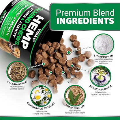 YUMA'S Advanced Calming Chews for Dogs - Hemp Dog Calming Chews - 70 Treats - Anxiety Relief Treats - Hemp Oil - Separation Aid, Stress, Hip and Joint Supplement for Canine Health Support