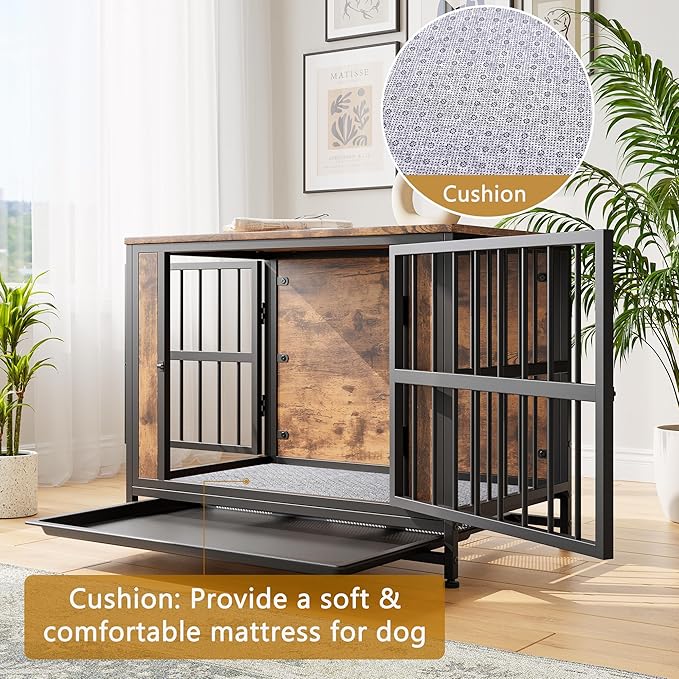 32.8 Inch Wooden Dog Crate Furniture,Indoor Pet Kennel with 2 Sliding Doors,Pull-Out Tray,Stylish Design for Home Decor,Rustic Brown