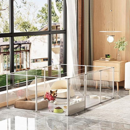 Dog Clear Playpen Fence Kennel: 10Panels Indoor Transparent Whelping Box Pen Cage with Waterproof whelping pad - Extra Long Acrylic Exercise Kennel with Metal Frame for Cats Puppy Rabbits Guinea Pig