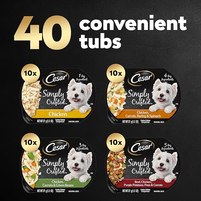 Cesar Wet Dog Food Simply Crafted Multipack: Chicken and Beef Recipe, (40) 1.3 oz. Trays