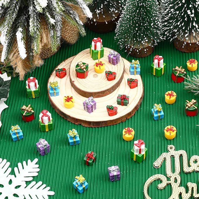 56 Pcs Christmas Mini Resin Present Miniature Boxes Tiny Gift Box Figurines Mini Christmas Ornaments for Xmas DIY Craft Tree Village Dollhouse Decor