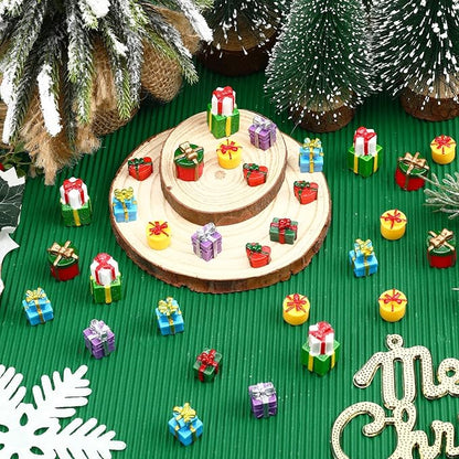 56 Pcs Christmas Mini Resin Present Miniature Boxes Tiny Gift Box Figurines Mini Christmas Ornaments for Xmas DIY Craft Tree Village Dollhouse Decor