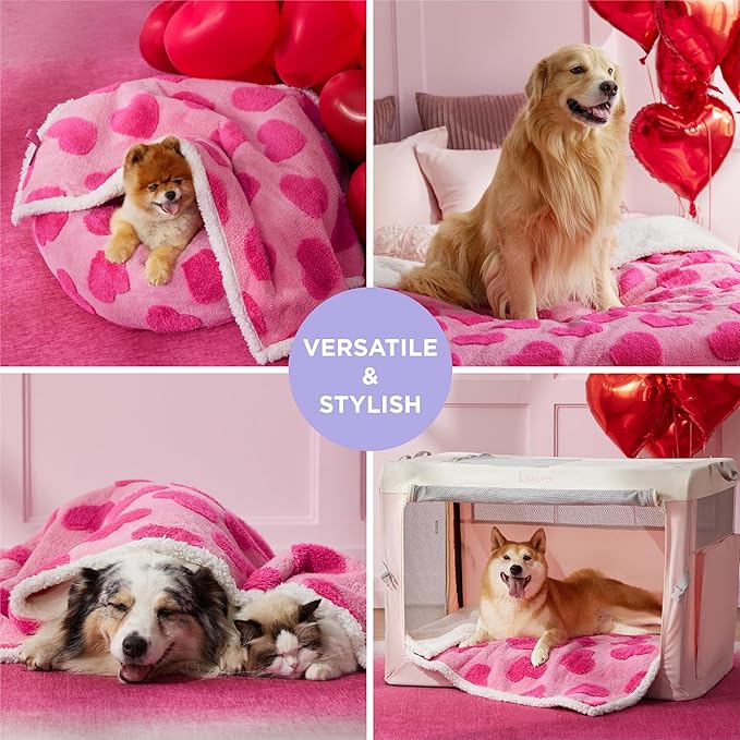 Lesure Waterproof Puppy Blanket for Large Dogs - Washable Double Sided Dog Blankets with Warm Jacquard Shag and Soft Sherpa Fleece, Pet Cat Blanket for Couch Protection, Love Pattern Design，Pink