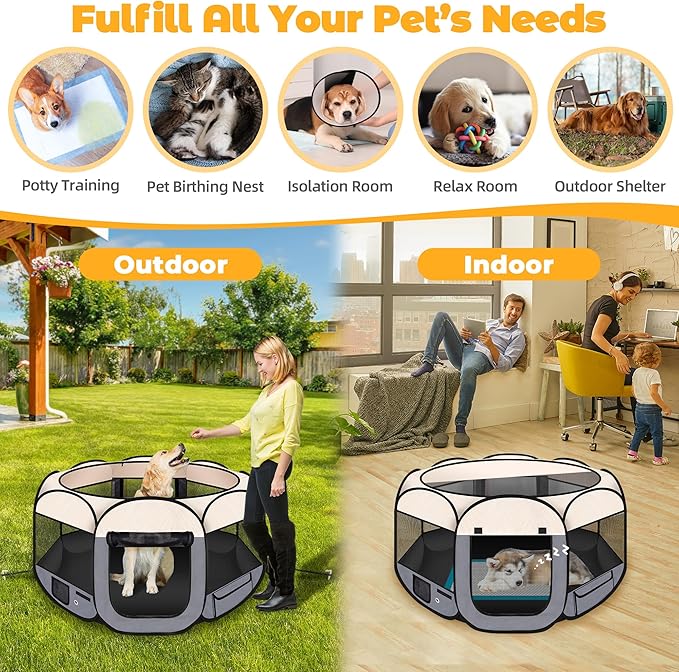 45" Foldable Pet Playpen for Large Dogs, HOMAGICO Pet Playpen for Indoor Cats Enclosed, Portable Dog Playpen Outdoor Tent Crate with Carrying Case, Water-Resistant and Removable Shade Cover, Grey
