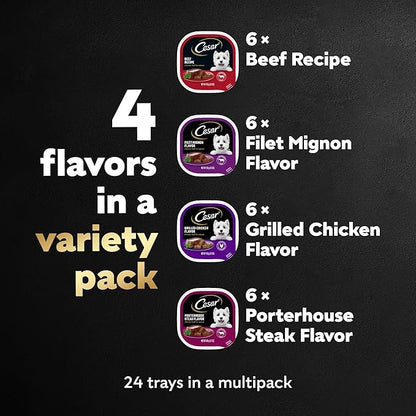 Cesar Wet Dog Food Classic Loaf in Sauce Beef Recipe, Filet Mignon, Grilled Chicken and Porterhouse Steak Variety Pack, 3.5 oz. Easy Peel Trays (24 Count, Pack of 1)