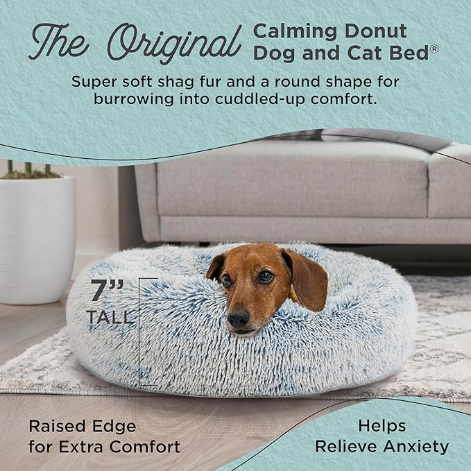 Best Friends by Sheri Original Calming Donut Dog and Cat Bed, Shag Faux Fur, Denim Blue, (23in x 23in) - Anxiety Relief for Pets Up to 25 lbs