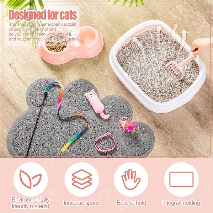 7 Pcs Small Cat Kitten Starter Kit Cat Litter Box with Shovel Paw Litter Mat Double Automatic Kitten Bowls Toy Teaser Stick Collar Essentials Kits for 1-3 Lbs Beginner(Stylish,Light Pink)