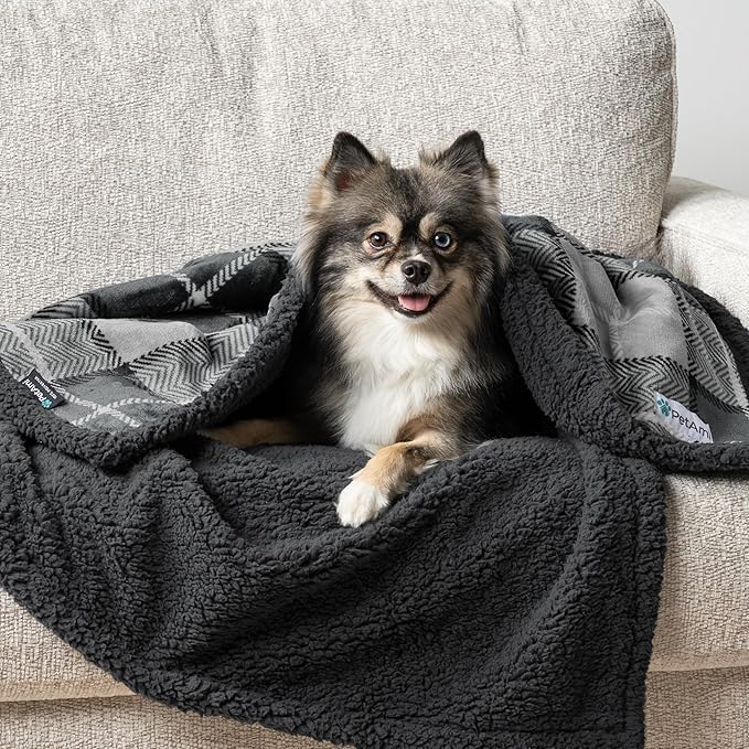 PetAmi Waterproof Dog Blanket for Small Medium Dog, Pet Puppy Blanket Couch Cover Protection Sherpa Fleece Cat Blanket Couch Sofa Bed Furniture Protector Reversible Soft Washable 29x40 Plaid Charcoal