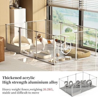 Dog Clear Playpen Fence Kennel: 10Panels Indoor Transparent Whelping Box Pen Cage with Waterproof whelping pad - Extra Long Acrylic Exercise Kennel with Metal Frame for Cats Puppy Rabbits Guinea Pig