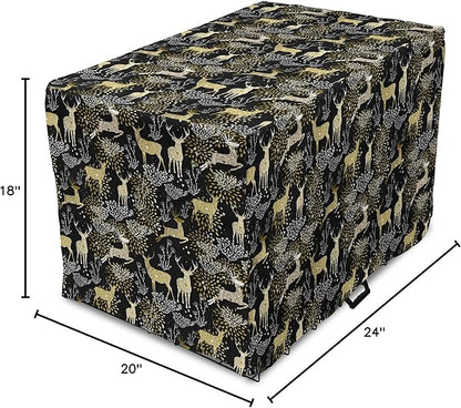 Ambesonne Christmas Dog Crate Cover, Nature Woodland and Deer Silhouettes with Oriental Ornaments Design, Easy to Use Pet Kennel Cover for Cats & Medium Dogs, 24 Inch, Yellow White Black