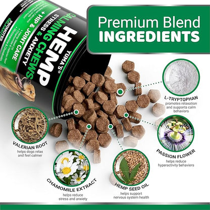 Hemp Calming Chews for Dogs - Advanced Dog Calming Chews - 170 Treats - Anxiety Relief Treats - Hemp Oil - Separation Aid, Stress, Hip and Joint Supplement for Canine Health Support - Beef Flavor