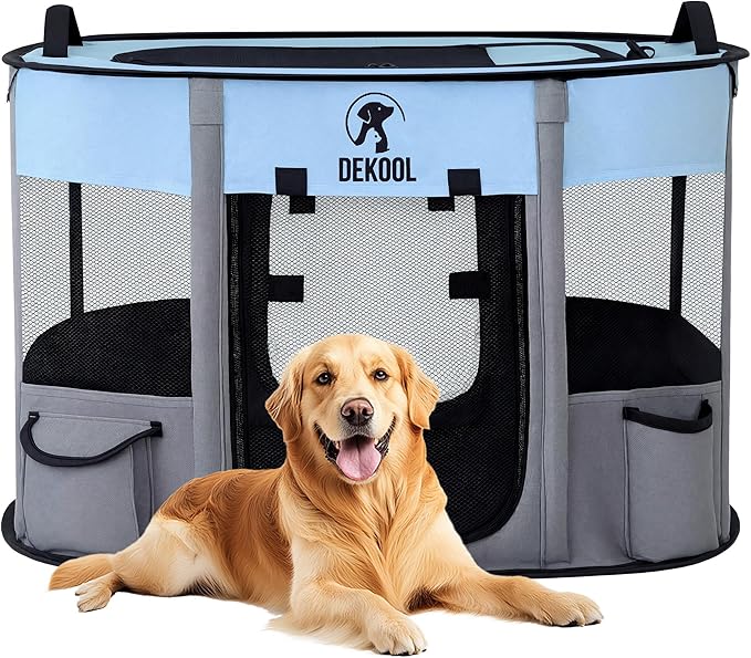 Foldable Pet Dog Playpen, Portable Dog Crate for Puppies, Cat, Rabbit, Chicks, Puppy Play Pen for Indoors, Kennel Tent Crate for Indoor Outdoor Travel Camping Use with Carrying Case (Blue, L)