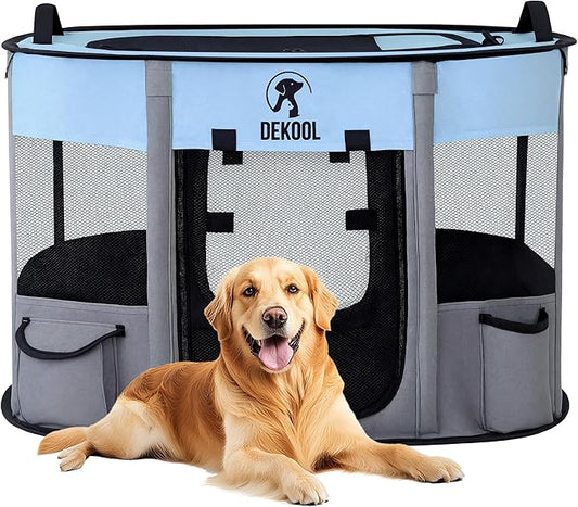 Foldable Pet Dog Playpen, Portable Dog Crate for Puppies, Cat, Rabbit, Chicks, Puppy Play Pen for Indoors, Kennel Tent Crate for Indoor Outdoor Travel Camping Use with Carrying Case (Blue, L)