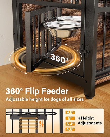 XL Dog Crate Furniture for Large Dogs, Barn Door Dog Crate with Interactive Window for Anxiety Dogs, 360°Rotatable & Elevated Dogs Bowls, Wooden Dog Kennel Furniture, Dog Cage Furniture Indoor