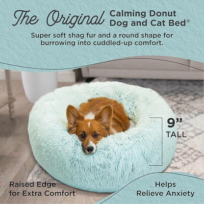 Best Friends by Sheri Original Calming Donut Dog and Cat Bed, Shag Faux Fur, Baby Blue, (30in x 30in) - Anxiety Relief for Pets Up to 45 lbs