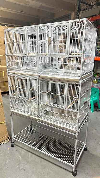 Stackable Center Divided Breeder Breeding Bird Flight Double Rolling Cage for Aviaries Canaries Cockatiels Lovebirds Finches Budgies Small Parrots (White Vein, Double Story)