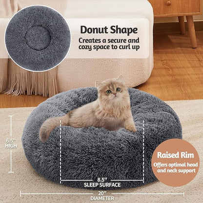 OhGeni Calming Donut Cat Beds For Indoor Cats, Machine Washable Plush Warming Bed For Kitten & Puppy, Anti-Slip Round Cuddle Comfort Pet Bed, Cozy Fluffy Fur Bed for Small Cats & Dogs, Gray, 20 inches
