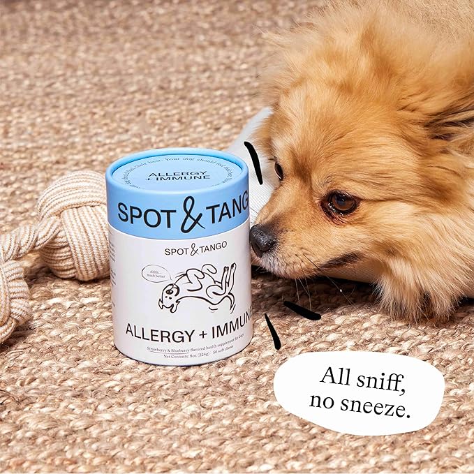 Spot & Tango Allergy + Immune Supplement for Dogs - Vet-Approved For Itchy Skin & Allergy Relief - Wild Alaskan Salmon Oil, Omega-3, Primrose Oil, Biotin - Real Strawberry & Blueberry Flavor, 56 Count