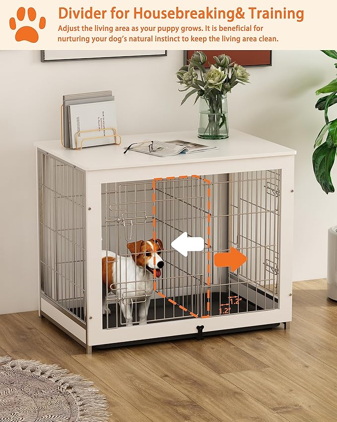 Piskyet Wooden Dog Crate Furniture with Divider Panel, Dog Crate End Table with Fixable Slide Tray, Double Doors Dog Kennel Indoor for Dogs(M:31.8" L*22.1" W*26.3" H,White)