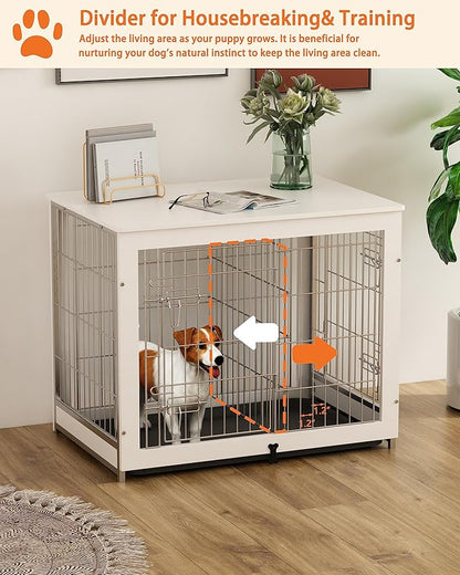 Piskyet Wooden Dog Crate Furniture with Divider Panel, Dog Crate End Table with Fixable Slide Tray, Double Doors Dog Kennel Indoor for Dogs(M:31.8" L*22.1" W*26.3" H,White)