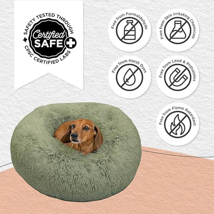 Best Friends by Sheri Original Calming Donut Dog and Cat Bed, Shag Faux Fur, Sage Green, (23in x 23in) - Anxiety Relief for Pets Up to 25 lbs