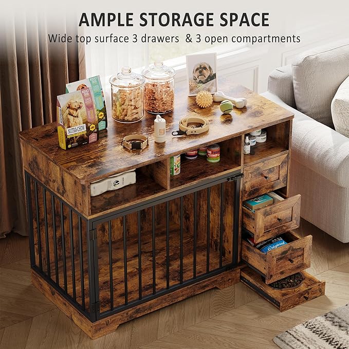 Dog Crate Furniture for Small Dogs, Wooden Dog Kennel Indoor with Storage Shelves, 3 Drawers & Hidden Bowl, Modern Pet Cage Side End Table, up to 120 lb, 48" L, Steel Lock, Retro Brown