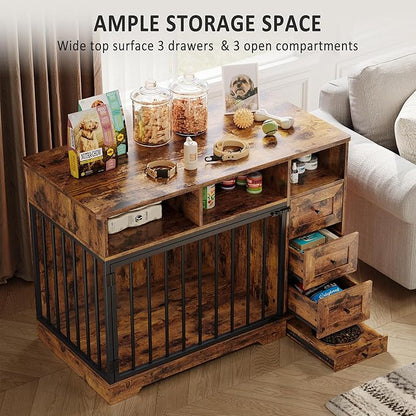 Dog Crate Furniture for Small Dogs, Wooden Dog Kennel Indoor with Storage Shelves, 3 Drawers & Hidden Bowl, Modern Pet Cage Side End Table, up to 120 lb, 48" L, Steel Lock, Retro Brown