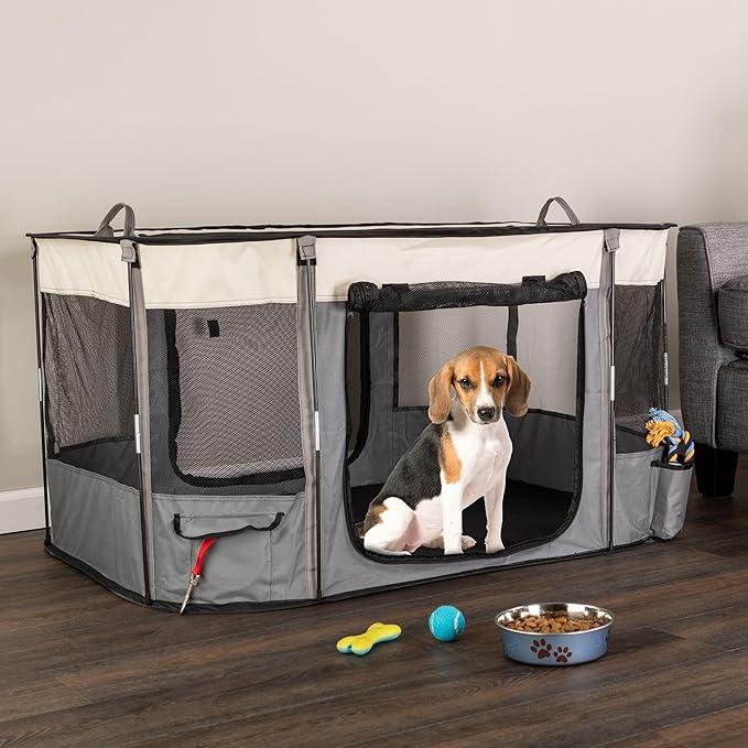 Dog Playpen - 43x34x23 Inch Puppy Kennel with Mesh Windows, Zippered Doors, and Storage Pockets - Portable Dog Play Pen Indoors/Outdoors for Small Animals by PETMAKER (Gray)