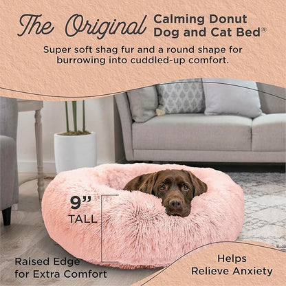 Best Friends by Sheri Original Calming Donut Dog and Cat Bed, Shag Faux Fur, Cotton Candy Pink, (36in x 36in) - Anxiety Relief for Pets Up to 100 lbs