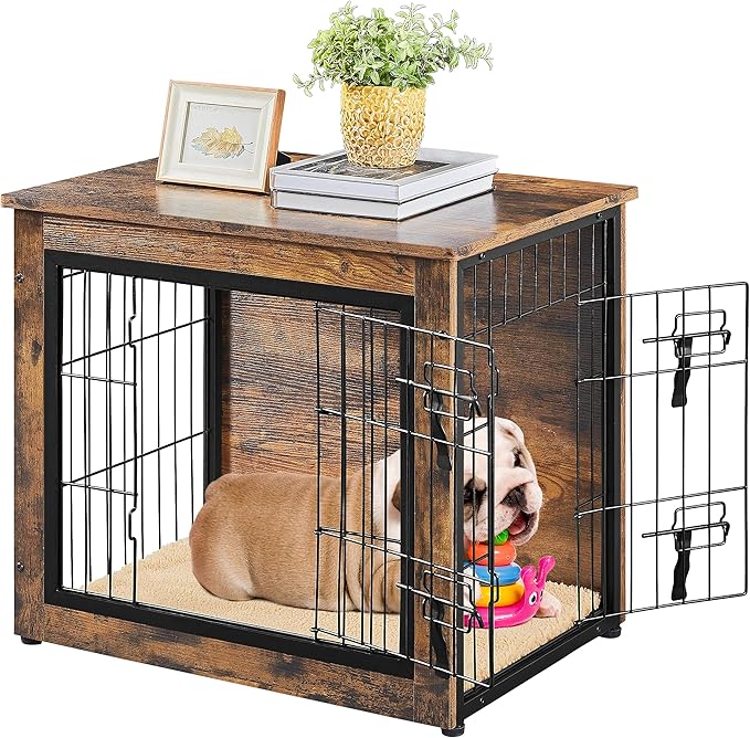 Yaheetech 27.5'' Dog Crate Furniture with Cushion Wooden Dog Crate with Double Doors/Adjustable Feet Side End Table for Small/Medium Dogs, 27.5" L x 20" W x 24" H